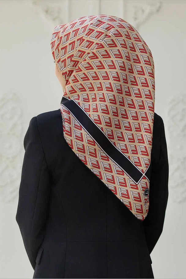 Vissona Twill İpek Geometrik Desen Eşarp Bej-Kırmızı