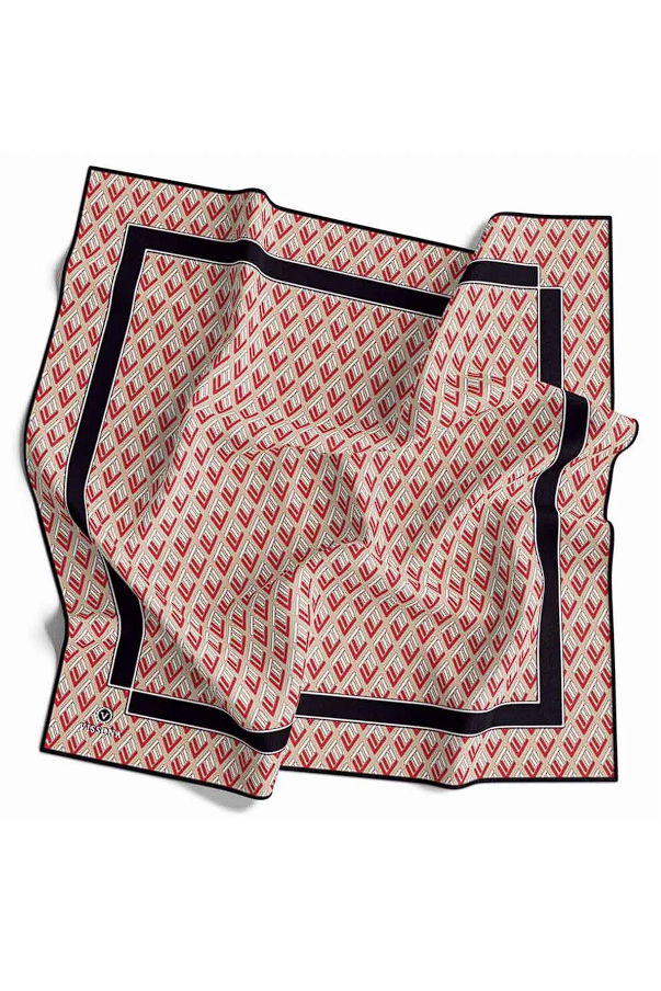 Vissona Twill İpek Geometrik Desen Eşarp Bej-Kırmızı