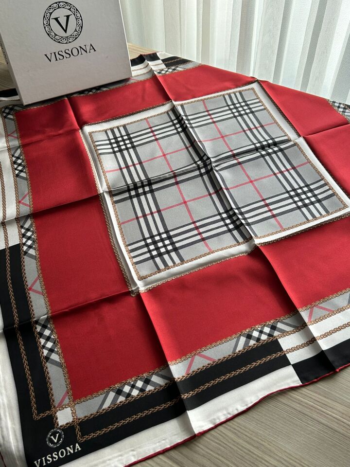 Vissona Twill İpek Ekose Desen Eşarp Bordo