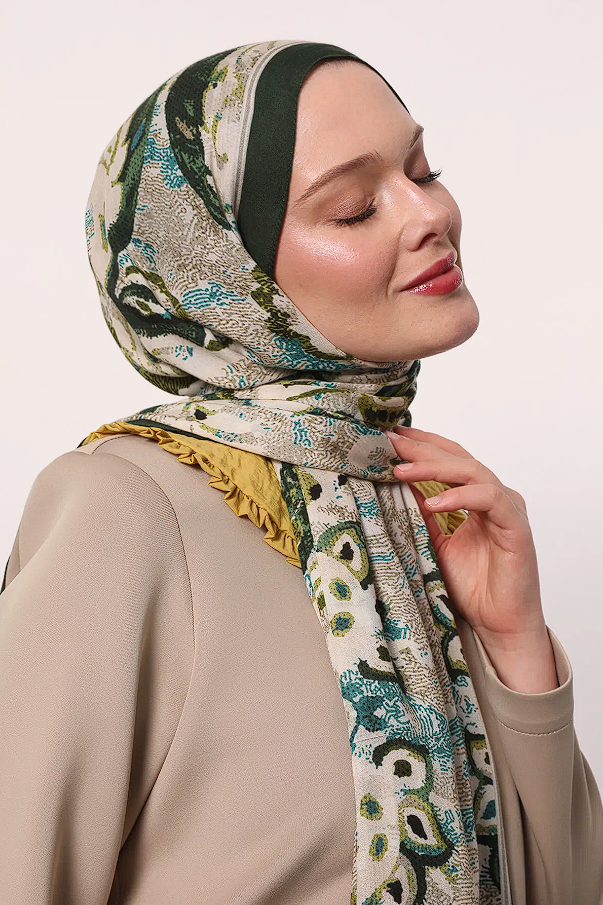LuvenSara Desenli Şal Koyu Yeşil