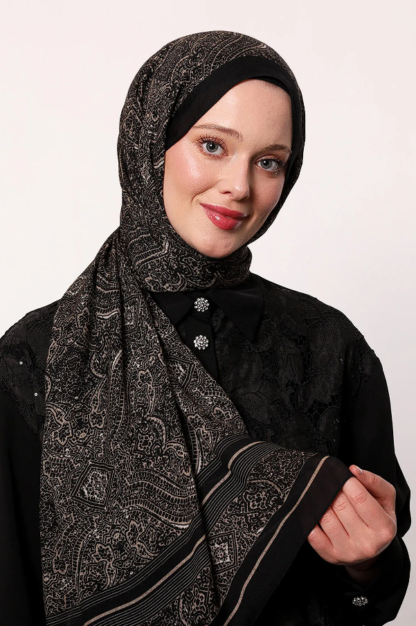 LuvenSara Desenli Şal Siyah-Vizon