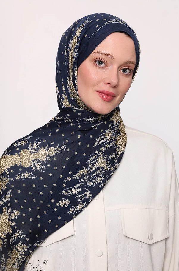 LuvenSara Desenli Şal Lacivert-Gold