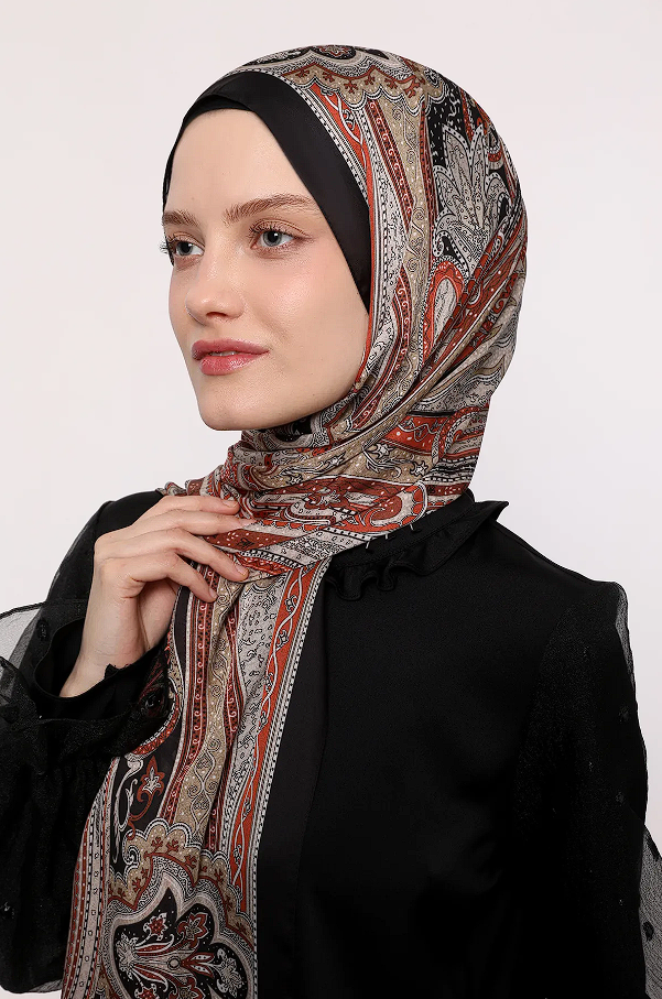 LuvenSara Etnik Desen Hint İpeği Şal Kiremit-Siyah