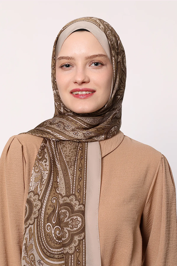 LuvenSara Etnik Desenli Hint İpeği Şal Bej
