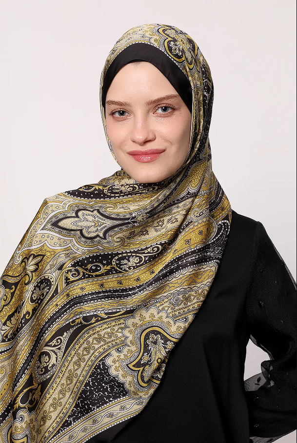 LuvenSara Etnik Desenli Hint İpeği Şal Siyah-Gold