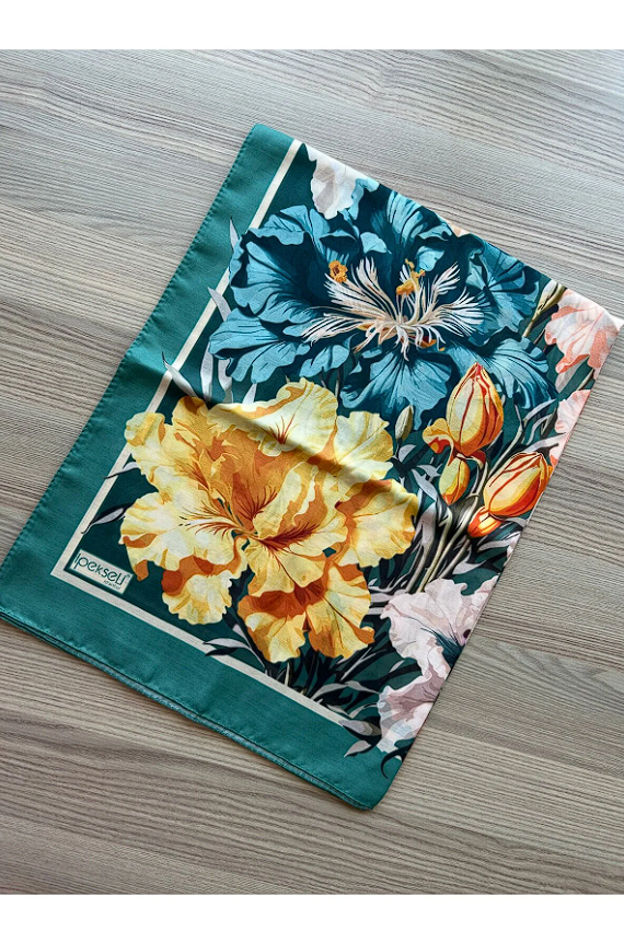 İpekseli Çiçek Desen Soft Şal Mint Beyaz
