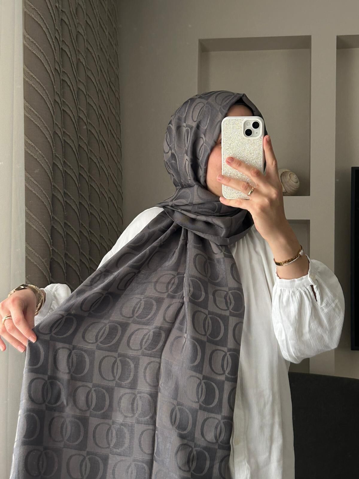 Imannoor Dama Desen Antrasit Naia Pamuk Şal