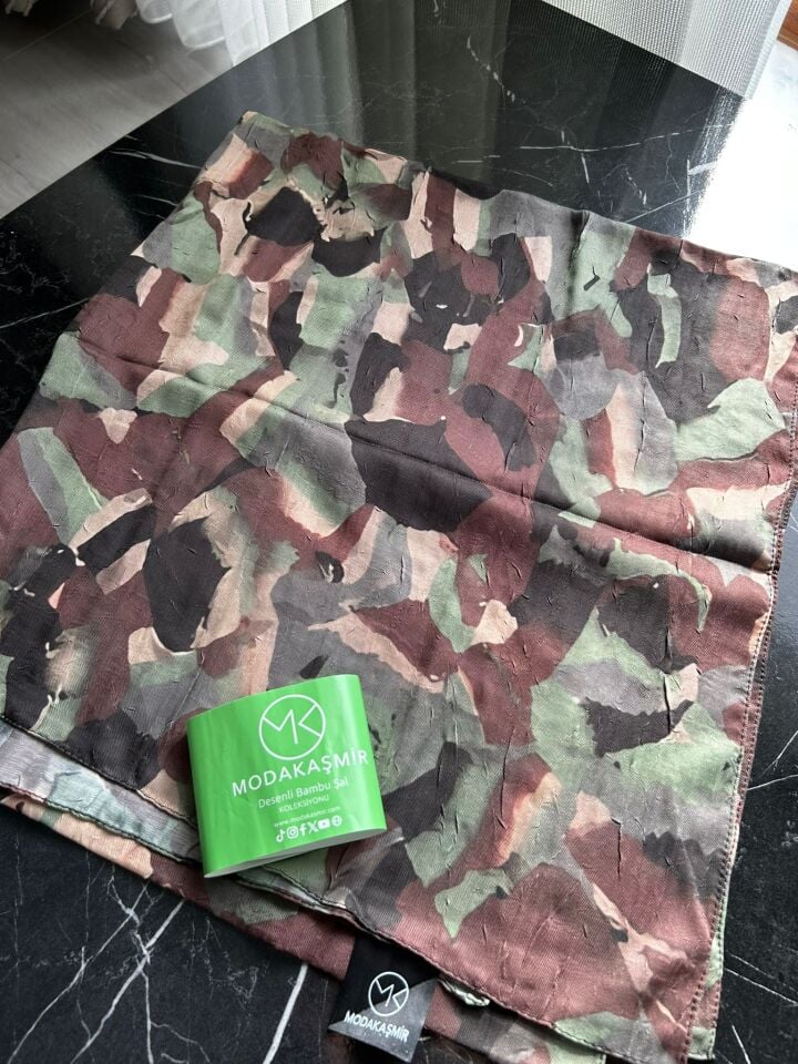 Modakaşmir Desenli Bambu Şal Askeri Yeşil