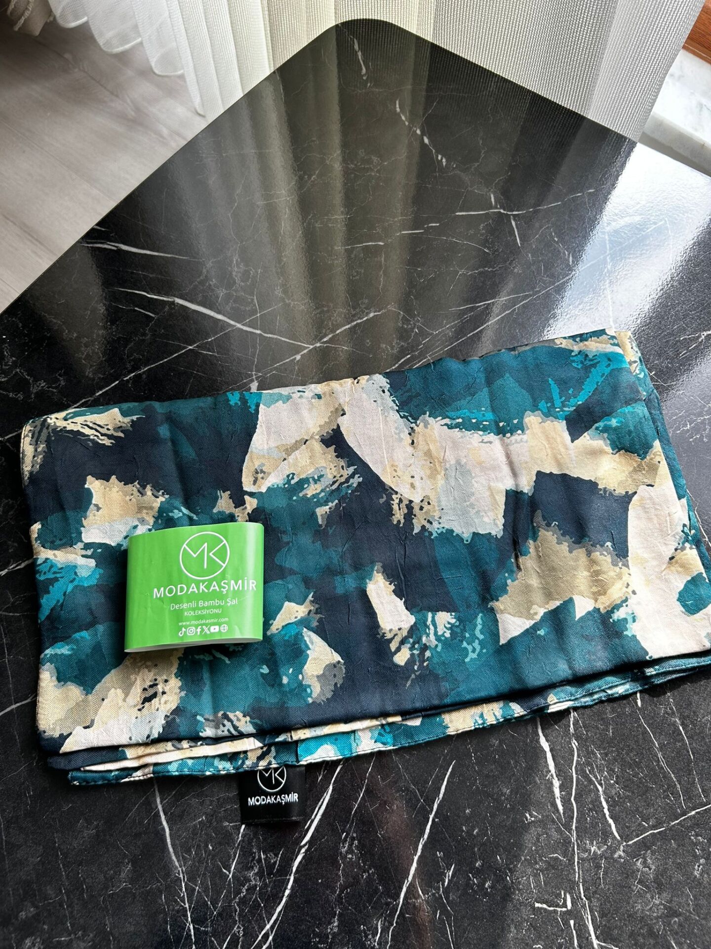 Modakaşmir Desenli Bambu Şal Petrol