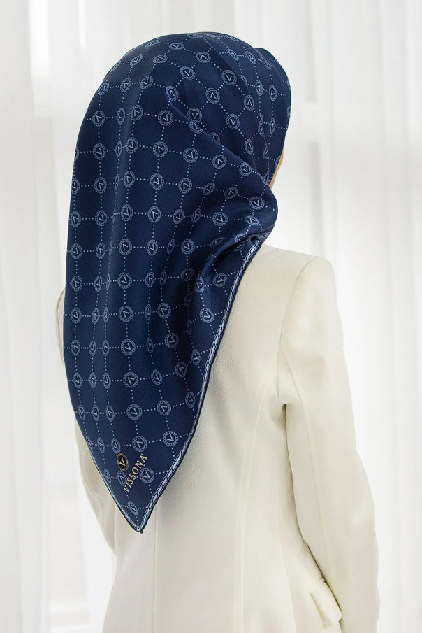 Vissona Monogram Desen Twill İpek Eşarp Lacivert