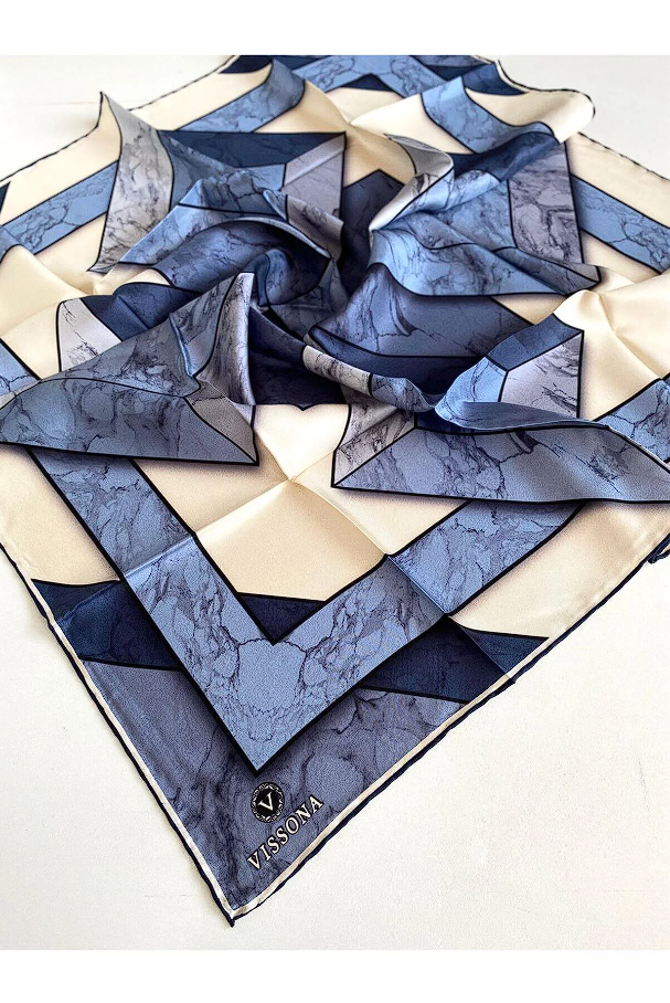 Vissona Geometrik Desen Twill İpek Eşarp Mavi
