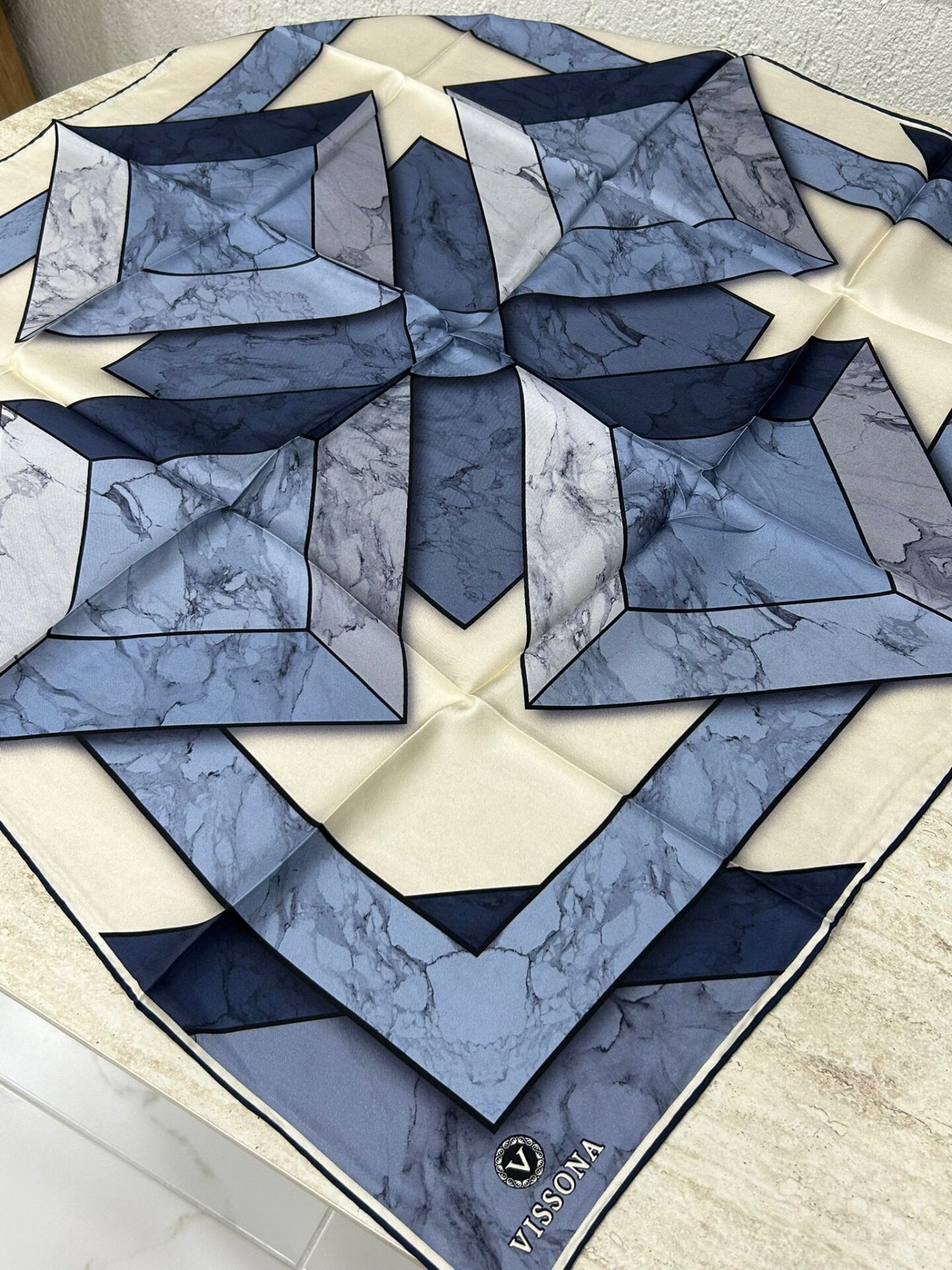 Vissona Geometrik Desen Twill İpek Eşarp Mavi