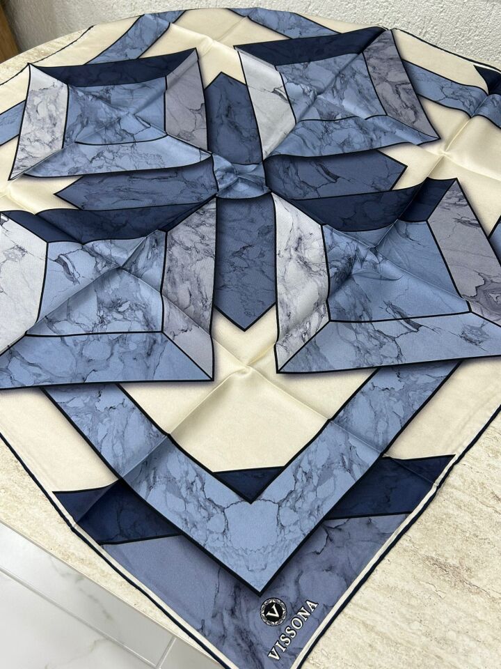 Vissona Geometrik Desen Twill İpek Eşarp Mavi