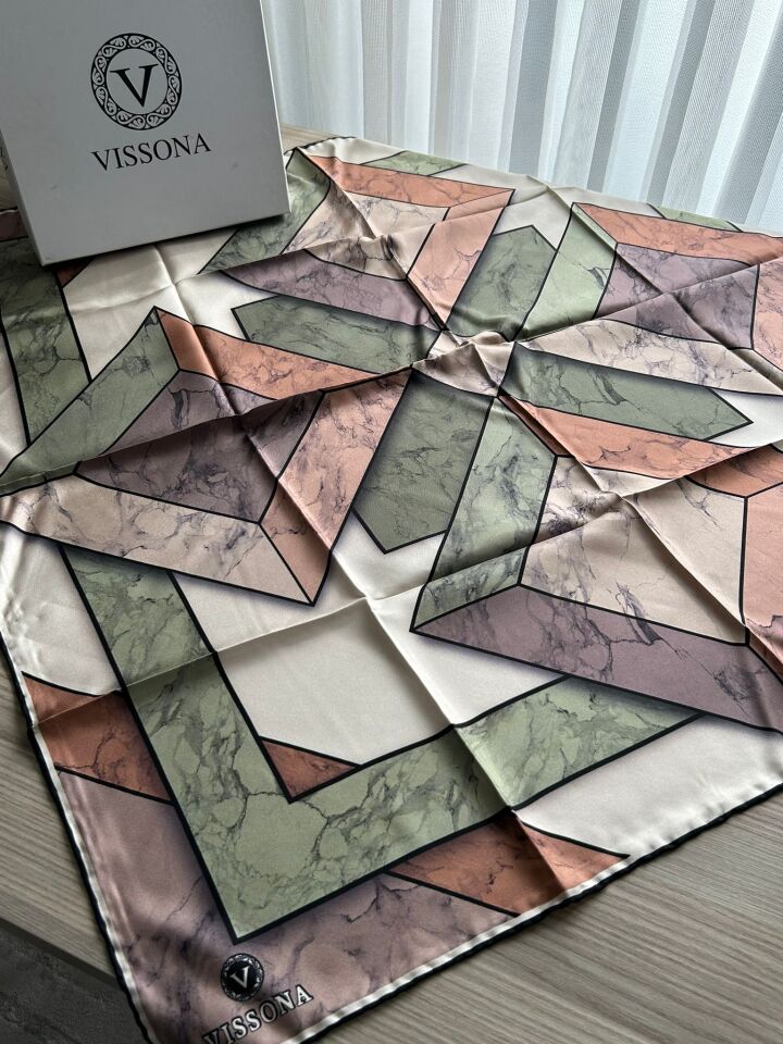 Vissona Geometrik Desen Twill İpek Eşarp Kahve