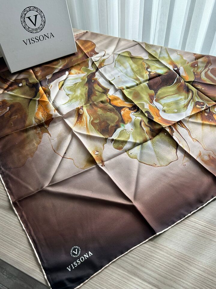 Vissona Batik Desen Twill İpek Eşarp Kahve