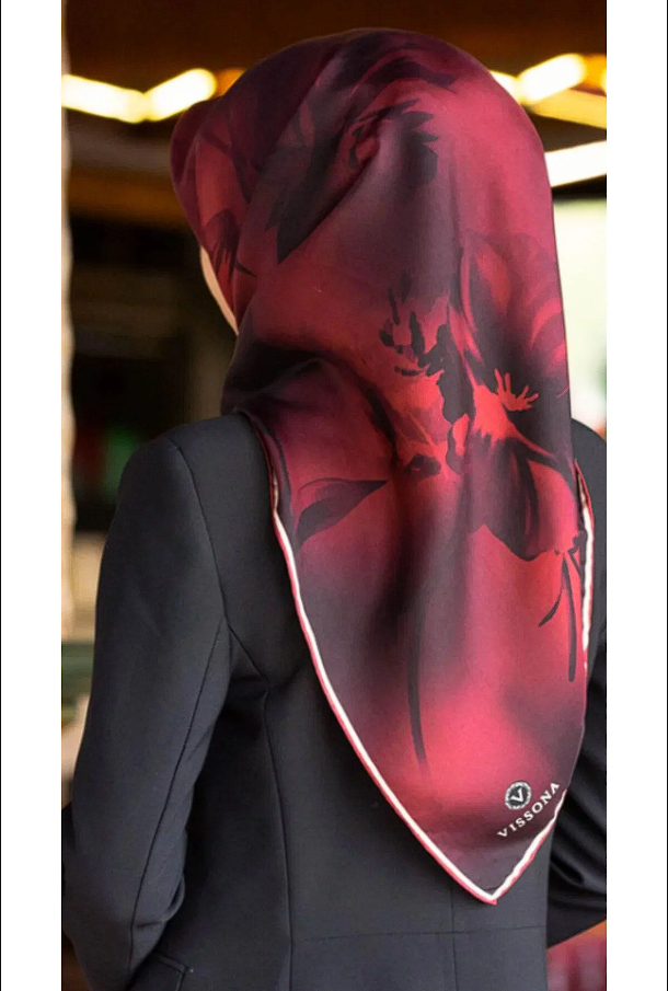 Vissona Soyut Çiçek Desenli Twill İpek Eşarp Bordo