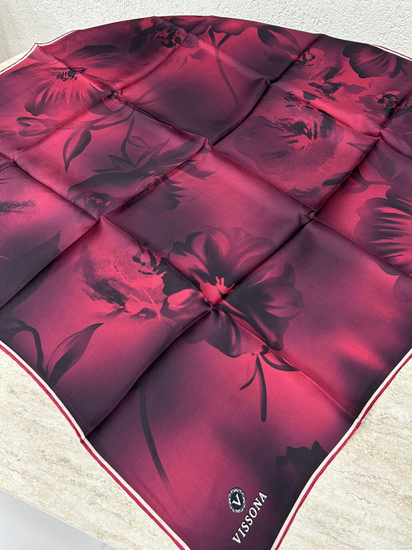 Vissona Soyut Çiçek Desenli Twill İpek Eşarp Bordo